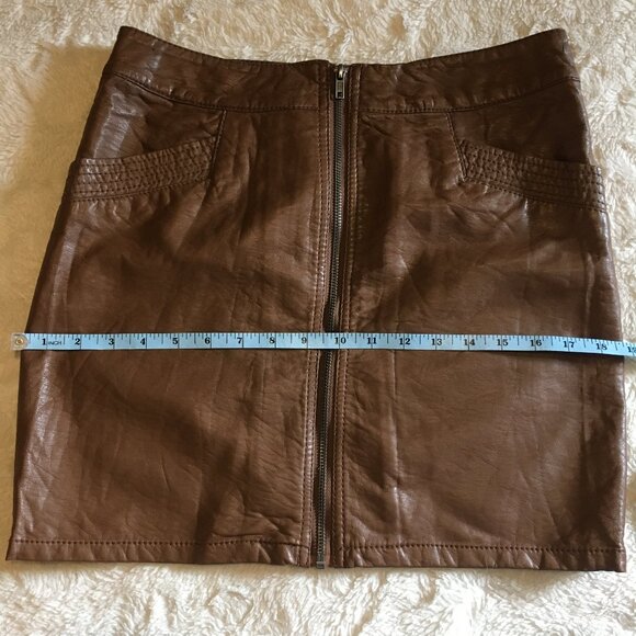 Cognac Vegan Leather Zip Up High Waist Mini Skirt - Picture 14 of 16